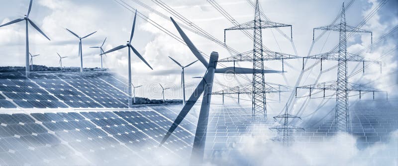 Strömförsörjning med sol- energi och vindkraft arkivfoto
