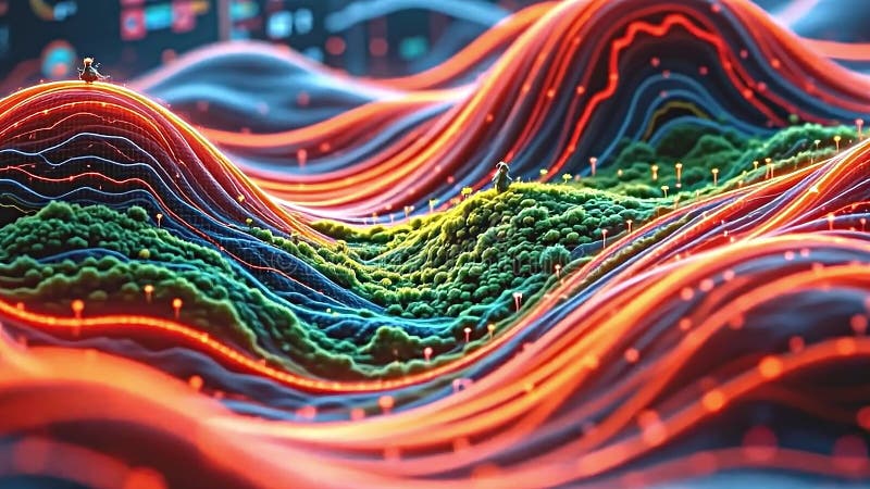 Strălucirea neonului luminează undele texturate ale elementelor infografice generate digital cu straturi meticuloase vizualizând I vector illustration