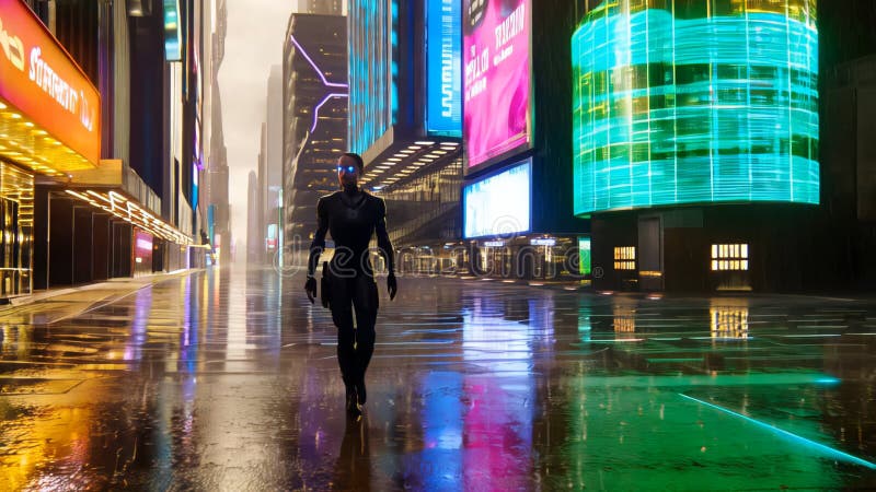 Străzi sofisticate din oraș umed și elegant, care încorporează pricepere tehnologică avansată și cyberpunk luminos stock image