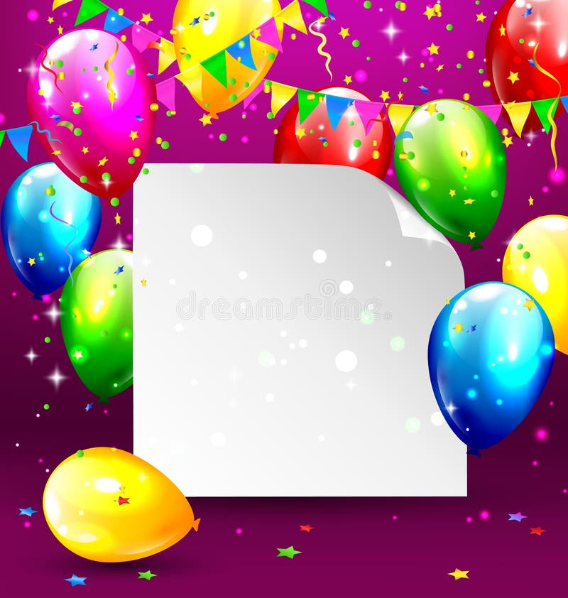 Stubarwni nadmuchiwani balony z papierem obramiają chorągiewki i c ilustracji Stubarwni nadmuchiwani balony z papierem obramiają chorągiewki i c ilustracji