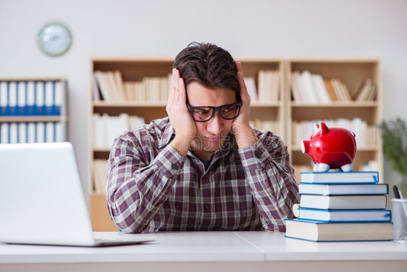 The student breaking piggybank to pay for tuition fees. Affordable, exams.