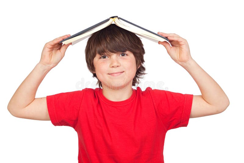 Student child with a book over his head