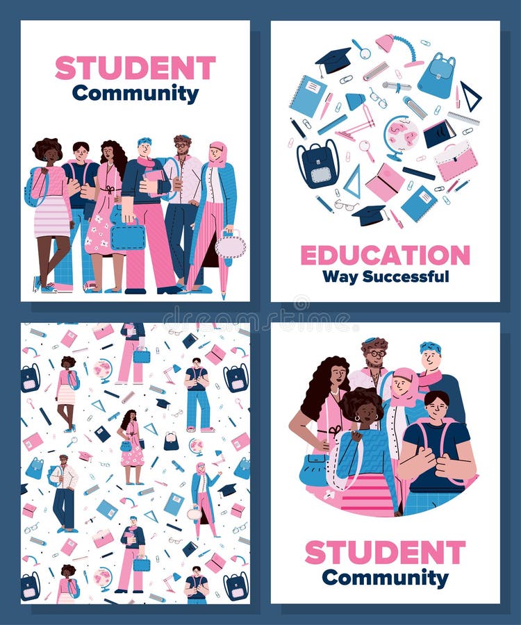 Student community and education supplies poster set with cartoon people vector illustration Student community and education supplies poster set with cartoon people vector illustration