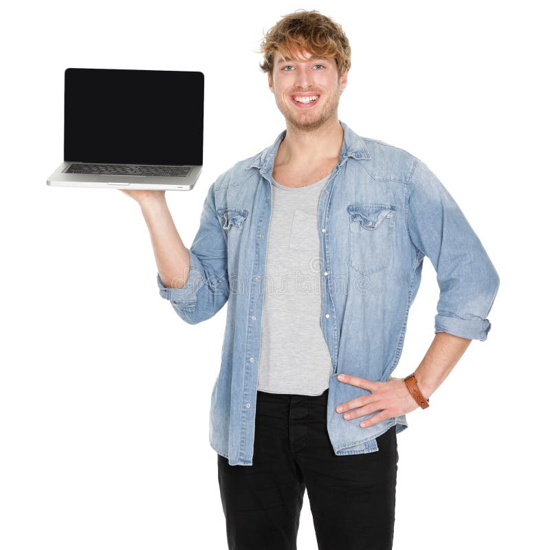 Student des jungen Mannes, der leeren Laptopschirm zeigt stockfotos Student des jungen Mannes, der leeren Laptopschirm zeigt stockfotos
