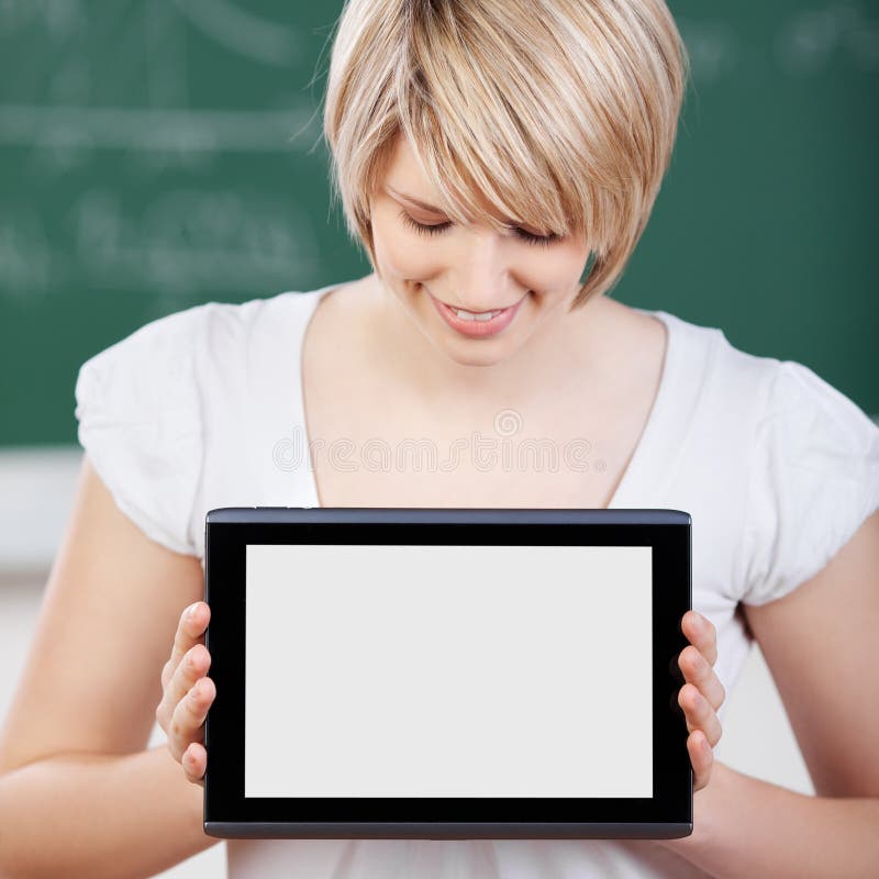 Student displaying the screen of her tablet-pc stock images
