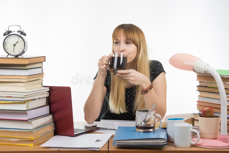 Student Drinking Coffee by Preparing for Exam at Night Stock Image