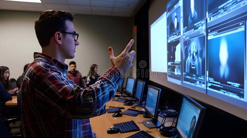 Student engaging with digital technology classroom interactive learning session modern environment focused viewpoint education vector illustration