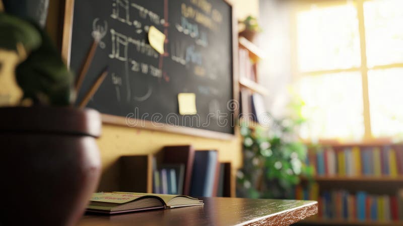 Student focused on learning in bright classroom environment with natural lighting and engaging educational content stock illustration