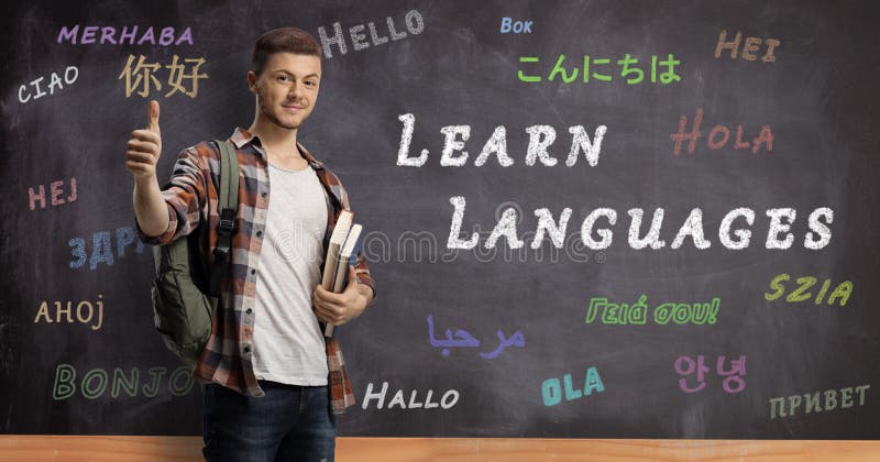 Student In Front Of A Blackboard In School For Foreign Languages Stock