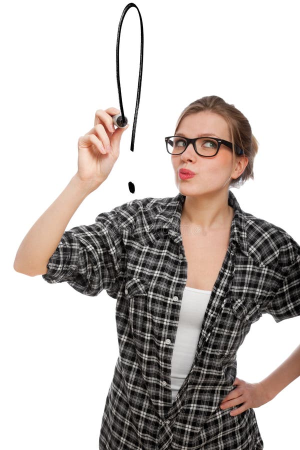 Student girl drawing an exclamation mark stock photos