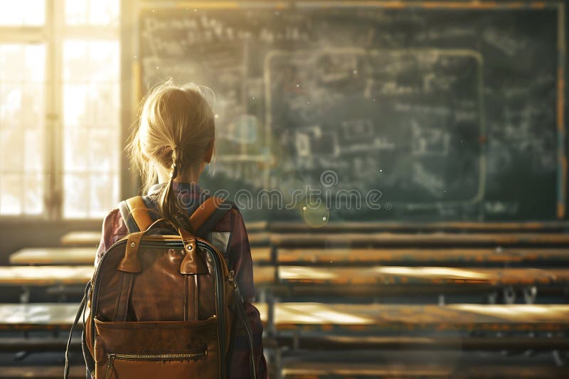 Student girl on an empty classroom, generative AI stock illustration