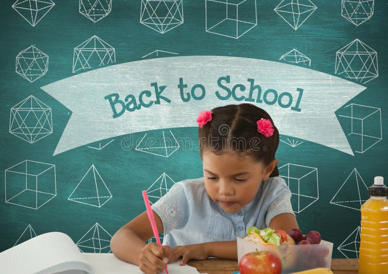 Digital composite of Student girl at table writing against blue blackboard with back to school text and education and sch