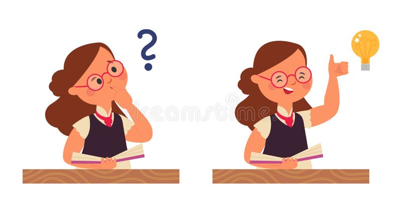 Student girl thinking. Young child question, stupid kid think and inspire thought. New idea or understand, find solution stock illustration