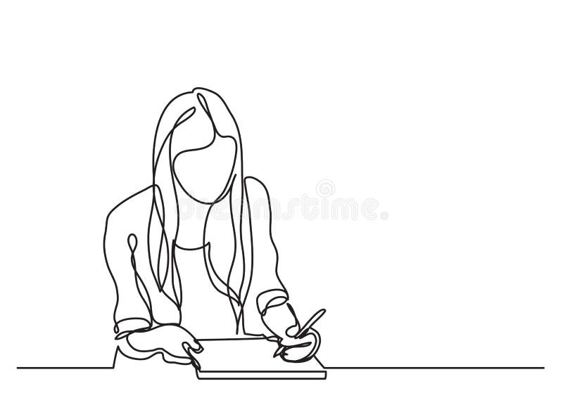 Student girl writing - continuous line drawing