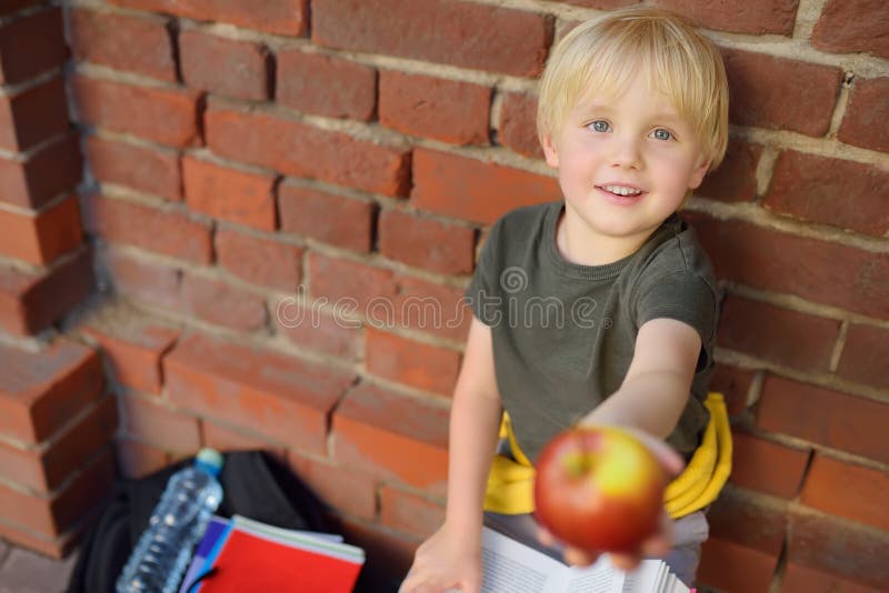 Student med stora ryggs?ck- och lunchp?seaktier hans ?pple n?ra skolabyggnaden Skolam?l royaltyfria bilder Student med stora ryggs?ck- och lunchp?seaktier hans ?pple n?ra skolabyggnaden Skolam?l royaltyfria bilder