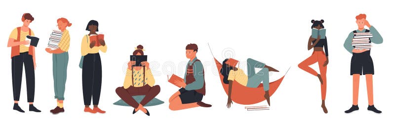 Student people, book lovers vector illustration set, cartoon flat girl guy reader characters love to read books in