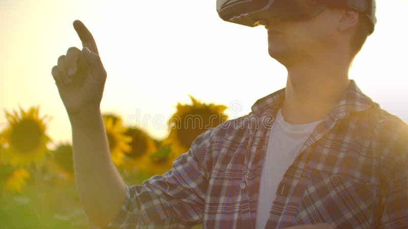 The student is working in VR glasses between sunflowers