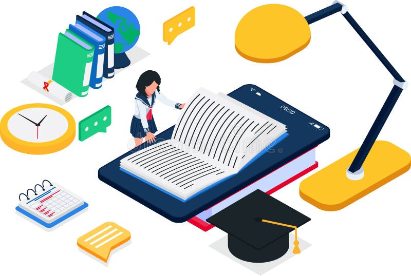 Student reading online book at smarthphone, open ebook at cell phone, elearning concept. Student do reading book at device. Female vector illustration