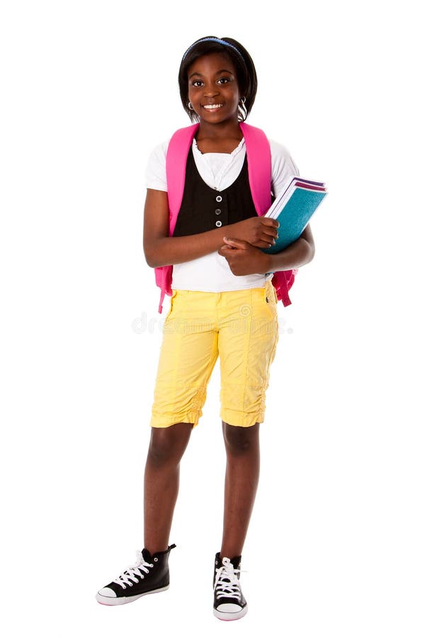 Krásný šťastný student dívka s barevné sešity a batoh připravený pro školy, izolovaný.