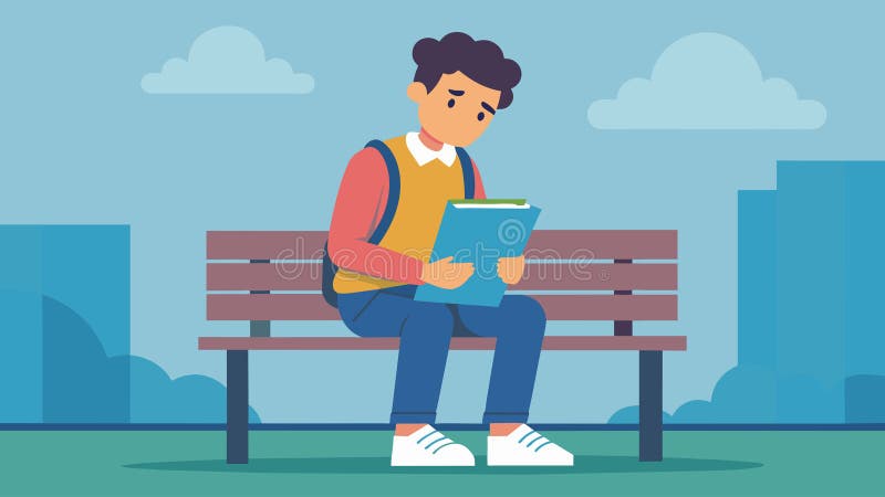 A student sitting on a campus bench staring into the distance with a worried expression while clutching a folder royalty free illustration