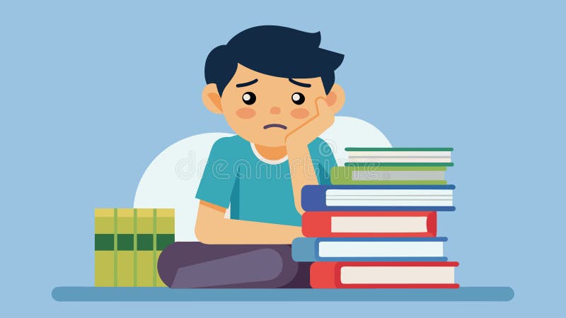 A student sitting in front of a stack of textbooks with a pained expression symbolizing the burden of expensive course stock illustration