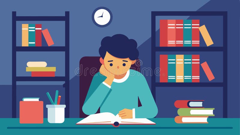 A student sitting in a library taking a break from studying to write in their gratitude journal and rid their mind of vector illustration