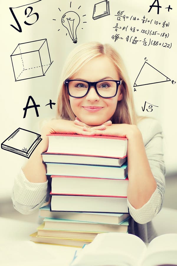 Student with stack of books and doodles. Girl, economics.