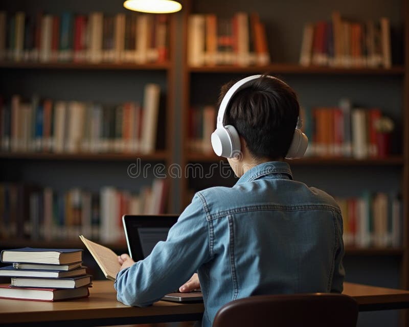 Student Studying with Headphones in Library royalty free stock images