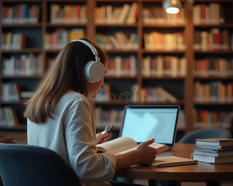 Student Studying with Headphones in Library stock photos