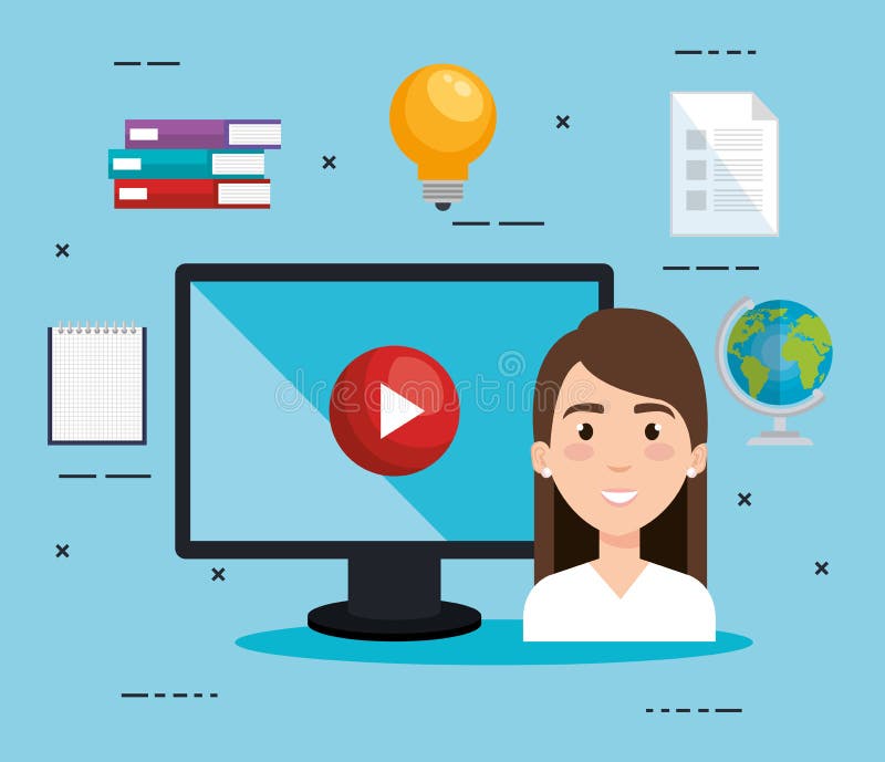 Student using computer desktop electronic education vector illustration