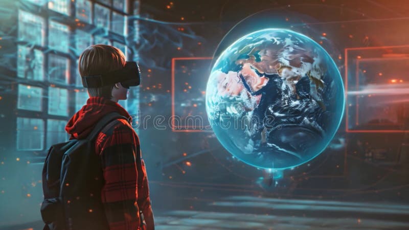 Student exploring global geography in virtual reality classroom vector illustration