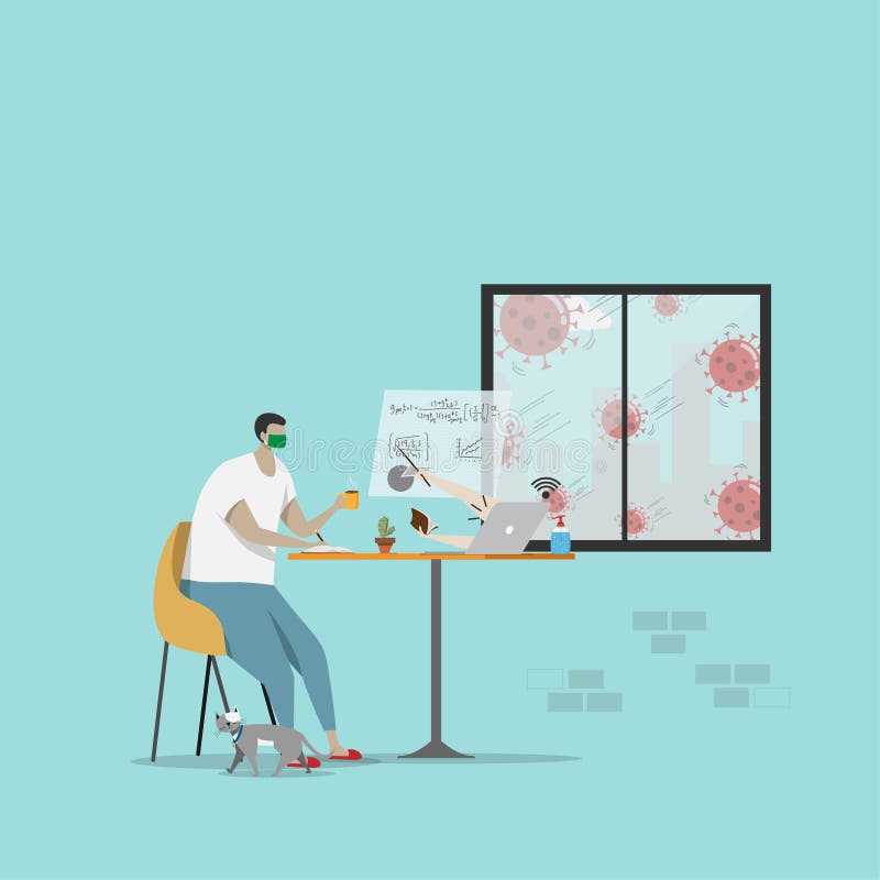 Student watch online lesson and make lecture via laptop at home. homeschooling , e-learning education during self isolation vector illustration Student watch online lesson and make lecture via laptop at home. homeschooling , e-learning education during self isolation vector illustration