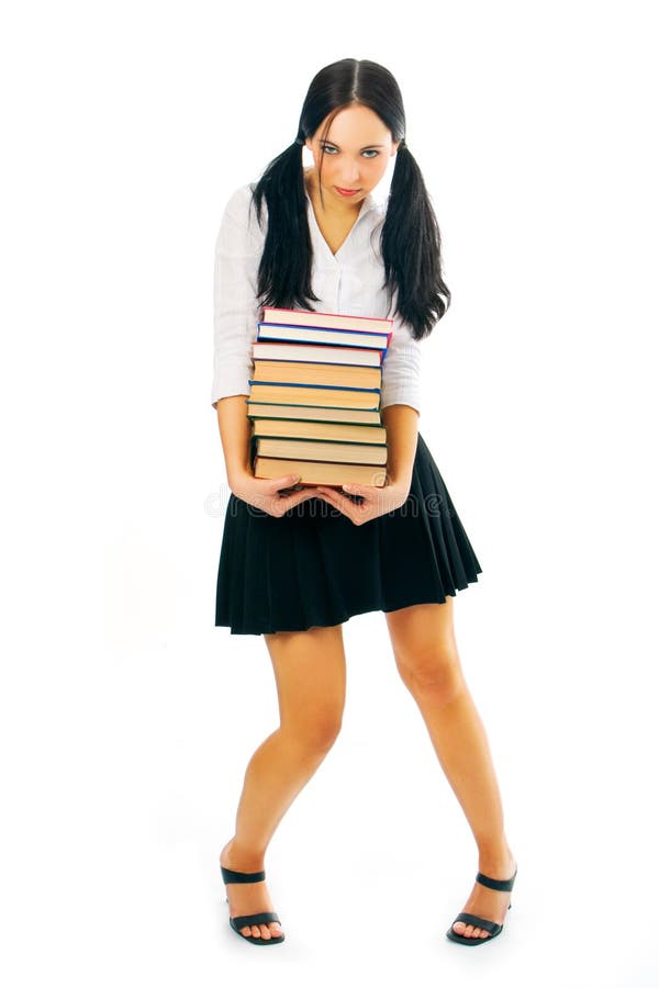 Student woman hold pile books