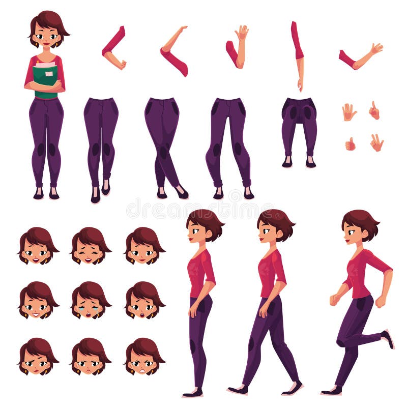 Student, young woman character creation set, different poses, gestures, faces