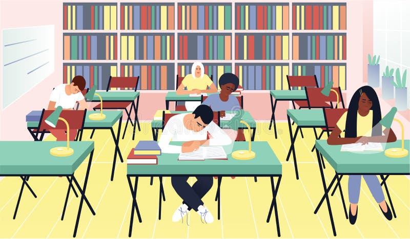 Studentbibliotek i ett platt format royaltyfri illustrationer