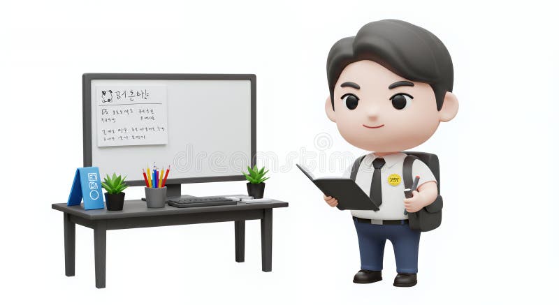 Studente fumetto allegro sulla scrivania con illustrazione 3D per notebook illustrazione di stock