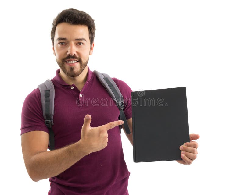 Man is pointing at the black cover of the book. Space for advertising concept, information and promotions. Beautiful and bearded person. He is wearing a magenta polo shirt. White background, isolated. Man is pointing at the black cover of the book. Space for advertising concept, information and promotions. Beautiful and bearded person. He is wearing a magenta polo shirt. White background, isolated.