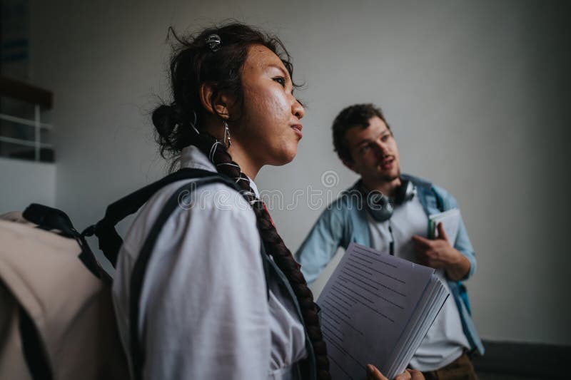 Studenti impegnati che conversano con un professore all'esterno fotografia stock libera da diritti