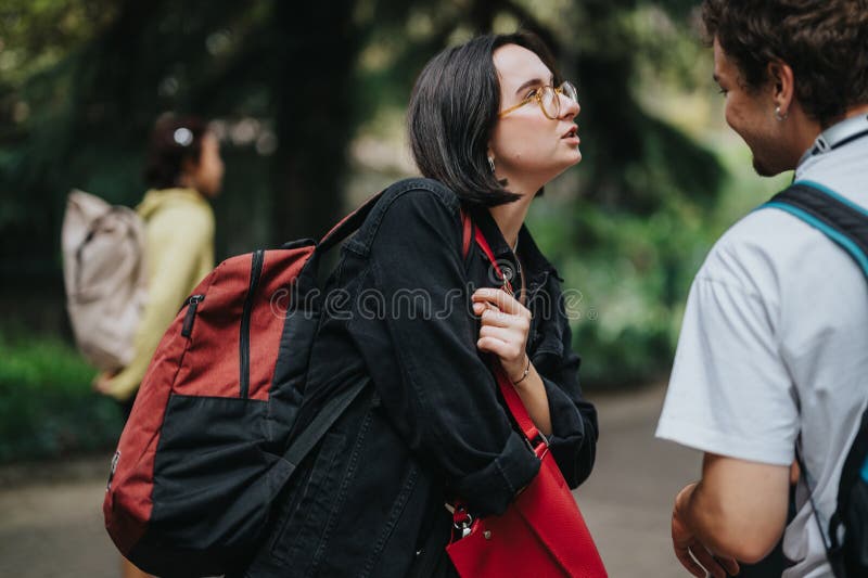 Studenti impegnati in conversazioni esterne con zaini immagine stock libera da diritti