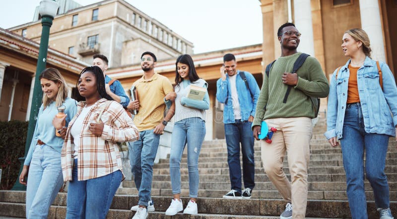 Students Diversity Or Walking On University Steps College Campus Or