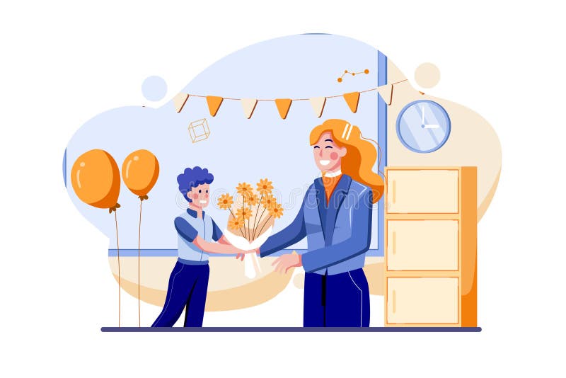 Students Give Flower Bouquets To the Teacher Stock Vector