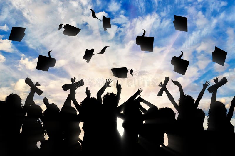 Students graduate cap throwing in sky. Study concept