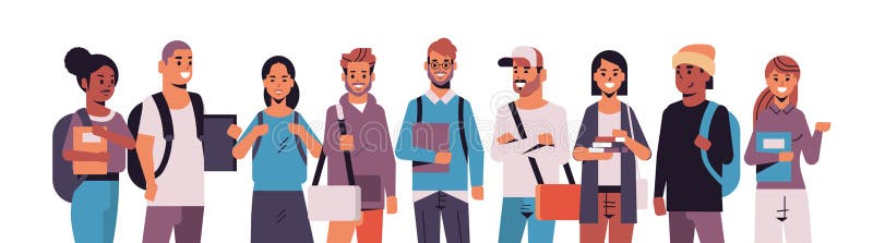 Students group holding books mix race girls and guys with backpacks standing together education concept female male cartoon characters horizontal portrait flat vector illustration
