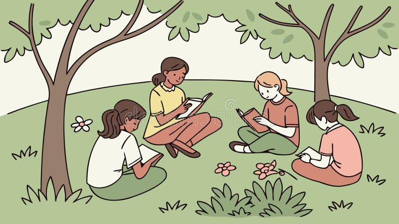 Students Learning Outdoors, Nature Study Group, vector design Generative AI stock illustration