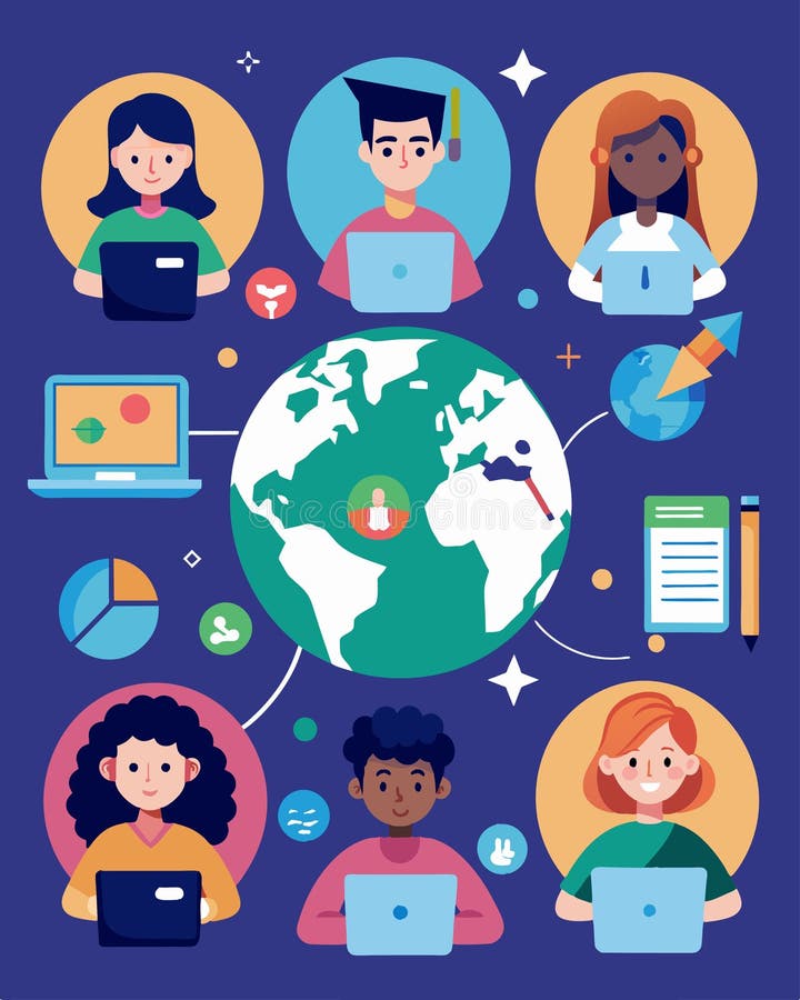 Students log into the virtual classroom from all over the world bringing diverse perspectives and ideas to their coding stock illustration