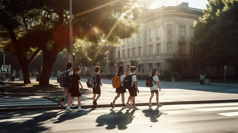 vector illustration of a schoolchildren crossing the road with the help of  the police 7414877 Vector Art at Vecteezy