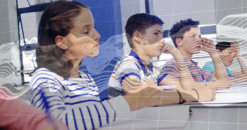 Students sitting at classroom desks writing notes, while digital wave sweeping in showing data flow stock footage