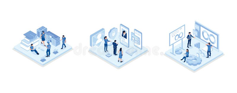 Students Study Online in University or College Campus, Face recognition technology concept, Devops at work concept, isometric royalty free illustration