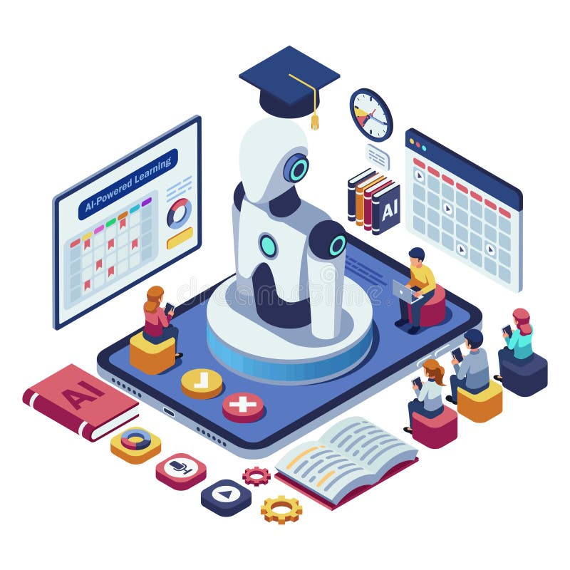 Studenți izometrici care interacționează cu platforma AIPoled de învățare royalty free illustration