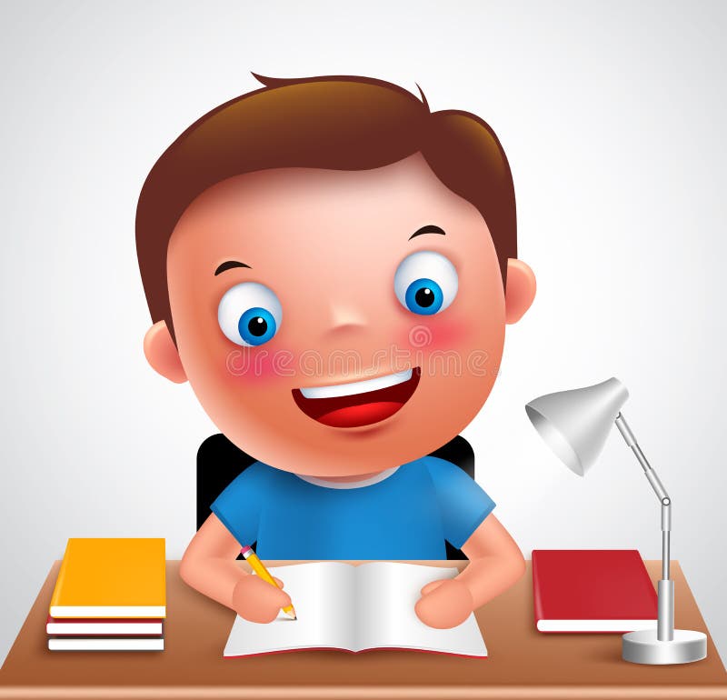 Boy kid vector character happy studying and doing school homework in the desk holding pencil and books. Vector illustration. Boy kid vector character happy studying and doing school homework in the desk holding pencil and books. Vector illustration.